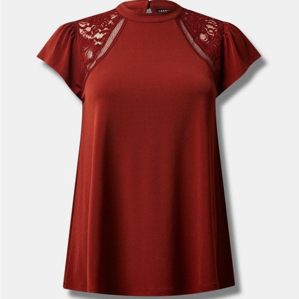 Torrid Burgundy Studio Crepe Jersey Mock Neck Lace Inset Top, Size 6, Li… - Picture 5 of 5